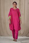 AFFROZ_Pink Muslin Silk Embroidered Zari Keyhole Kimono Kurta With Pant _Online_at_Aza_Fashions