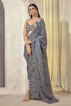 AFFROZ_Blue Russian Silk Printed Paisley Jaal V Neck Pre-draped Saree With Blouse_Online_at_Aza_Fashions