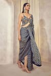 Shop_AFFROZ_Blue Russian Silk Printed Paisley Jaal V Neck Pre-draped Saree With Blouse_Online_at_Aza_Fashions
