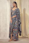 Shop_AFFROZ_Blue Russian Silk Print Floral V Maaya Pre-draped Saree With Blouse For Women_Online_at_Aza_Fashions