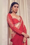 Buy_AFFROZ_Red Organza Jacquard Floral Sweetheart Neck Rang Lace Border Saree With Blouse _Online_at_Aza_Fashions