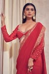 Shop_AFFROZ_Red Organza Jacquard Floral Sweetheart Neck Rang Lace Border Saree With Blouse _Online_at_Aza_Fashions