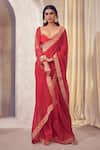 AFFROZ_Red Organza Jacquard Floral Sweetheart Neck Rang Lace Border Saree With Blouse _at_Aza_Fashions