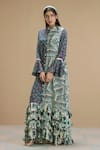 AFFROZ_Green Viscose Crepe Print Abstract Mandarin Collar Ruffle Hem Dress _Online_at_Aza_Fashions