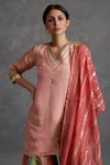 AFFROZ_Pink Tissue Silk Embroidery Gota Patti V Neck Lace Kurta Sharara Set _Online_at_Aza_Fashions