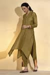 AFFROZ_Brown Viscose Linen Lace V Neck Asymmetric Hem Kurta With Narrow Pant _Online_at_Aza_Fashions