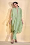 AFFROZ_Green Viscose Linen Lace Mandarin Collar Solid Kimono Kurta With Pant _Online_at_Aza_Fashions