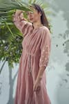 AFFROZ_Pink Mal Cotton Embroidered Floral Notched Flowy Plain Dress _Online_at_Aza_Fashions