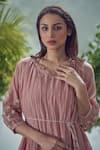 Shop_AFFROZ_Pink Mal Cotton Embroidered Floral Notched Flowy Plain Dress _Online_at_Aza_Fashions