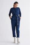 Buy_THREE_Blue Melange Band Collar Round Neck Top Pant Set _Online_at_Aza_Fashions