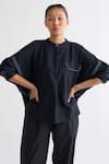Three_Black Handloom Cotton Stripe Band Collar Bat Sleeve Top_Online_at_Aza_Fashions