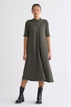 Three_Green Melange Striped Dress  Band Collar Jacket And A-line _Online_at_Aza_Fashions