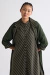 Shop_Three_Green Melange Striped Dress  Band Collar Jacket And A-line _Online_at_Aza_Fashions
