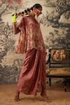 Buy_Kalista_Pink Viscose Satin Printed Floral Boat Neck Iris Tunic And Draped Skirt Set _Online_at_Aza_Fashions