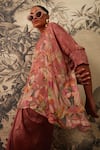 Shop_Kalista_Pink Viscose Satin Printed Floral Boat Neck Iris Tunic And Draped Skirt Set _Online_at_Aza_Fashions