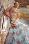 Buy_Tamanna Punjabi Kapoor_Blue Georgette Embroidery Foil V Neck Floral Resham Lehenga Set _Online_at_Aza_Fashions