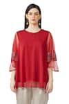 Buy_Rohit Gandhi + Rahul Khanna_Maroon Silk, Chiffon Sequins, Beads Round Neck Sleeve Embellished Top _Online_at_Aza_Fashions