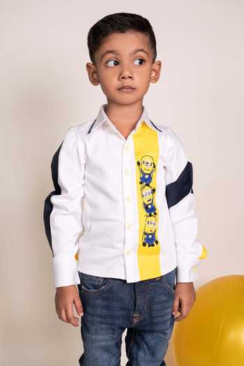 Toplove_White Cotton Sequins, Embroidery Minion Shirt _Online_at_Aza_Fashions