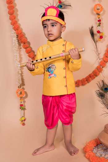 Toplove_Yellow Cotton, Silk Beads, Embroidery Krishna Kurta And Dhoti Pant Set _Online_at_Aza_Fashions