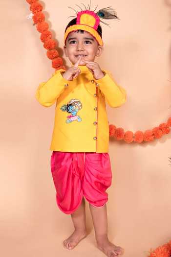 Buy_Toplove_Yellow Cotton, Silk Beads, Embroidery Krishna Kurta And Dhoti Pant Set _Online_at_Aza_Fashions