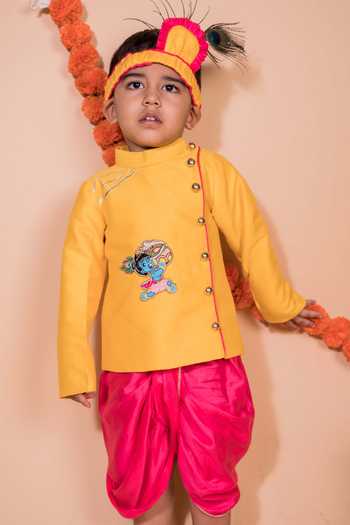 Shop_Toplove_Yellow Cotton, Silk Beads, Embroidery Krishna Kurta And Dhoti Pant Set _Online_at_Aza_Fashions