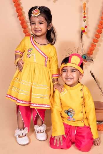 Toplove_Yellow Cotton, Silk Beads, Embroidery Krishna Kurta And Dhoti Pant Set _at_Aza_Fashions