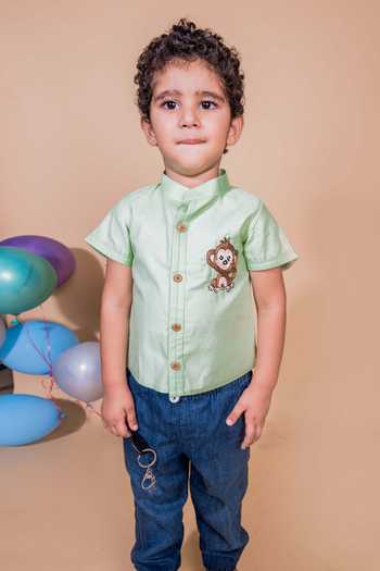 Toplove_Green Cotton Embroidery Monkey Shirt _Online_at_Aza_Fashions