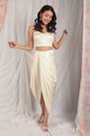 Buy_HOUSE OF TA-YA_Cream Modal Satin Hand Embroidered Thread V Neck Jacket And Dhoti Skirt Set _Online_at_Aza_Fashions