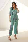 Koashee By Shubitaa_Green Silk Embroidery Collared Front Tie Jacket Pant Set _Online_at_Aza_Fashions