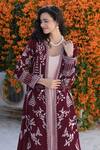 Talking Threads_Maroon Jacket Crepe Embroidered Gara Jacket Open Oriental With Gown  _Online_at_Aza_Fashions