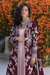 Shop_Talking Threads_Maroon Jacket Crepe Embroidered Gara Jacket Open Oriental With Gown  _Online_at_Aza_Fashions