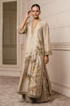 Tarun Tahiliani_Gold Silk Velvet Printed Floral Pattern Notched Kurta And Trouser Set _Online_at_Aza_Fashions