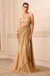 Tarun Tahiliani_Gold Crinkle Tulle Embellishment Crystals Round French Lace Saree Gown_Online_at_Aza_Fashions