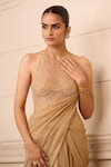 Shop_Tarun Tahiliani_Gold Crinkle Tulle Embellishment Crystals Round French Lace Saree Gown_Online_at_Aza_Fashions