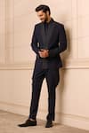 Tarun Tahiliani_Blue Bandhgala  Suiting Fabric Textured Linear Patterns And Jodhpuri Trouser Set _Online_at_Aza_Fashions