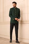 Tarun Tahiliani_Emerald Green Bandhgala  Suiting Fabric Plain Fluted Collared Trouser Set _Online_at_Aza_Fashions