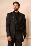 Buy_Tarun Tahiliani_Black Bandhgala  Alpha Crepe Plain Pre-attached Draped Scarf Set _Online_at_Aza_Fashions