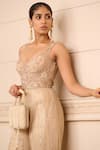 Buy_Tarun Tahiliani_Beige Tulle Embroidery Thread Leaf Neck Floral Wide Leg Jumpsuit _Online_at_Aza_Fashions