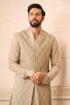 Shop_Tarun Tahiliani_Beige Dhoti  Heavy Brocade Textured Geometric Sherwani And Pant Set _Online_at_Aza_Fashions