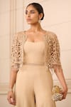 Tarun Tahiliani_Beige Banana Crepe Embroidery Dori And Crystals Short Cape With Jumpsuit _Online_at_Aza_Fashions