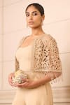 Buy_Tarun Tahiliani_Beige Banana Crepe Embroidery Dori And Crystals Short Cape With Jumpsuit _Online_at_Aza_Fashions