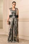 Buy_Tarun Tahiliani_Black Foil Jersey Printed Paisley Shawl Collar Gilet _Online_at_Aza_Fashions