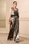 Shop_Tarun Tahiliani_Black Foil Jersey Printed Paisley Shawl Collar Gilet _Online_at_Aza_Fashions