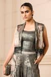 Shop_Tarun Tahiliani_Black Foil Jersey Printed Paisley Shawl Collar Gilet _at_Aza_Fashions