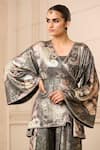 Shop_Tarun Tahiliani_Black Foil Jersey Printed Paisley V Neck Cape And Trouser Set _at_Aza_Fashions