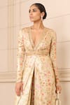 Tarun Tahiliani_Gold Foil Jersey Garden V Neck Jumpsuit _Online_at_Aza_Fashions