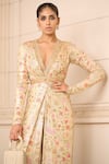 Buy_Tarun Tahiliani_Gold Foil Jersey Garden V Neck Jumpsuit _Online_at_Aza_Fashions