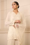 Tarun Tahiliani_Ivory Georgette Embroidery Chikankari Leaf Neck Short Kurta Sharara Set _at_Aza_Fashions