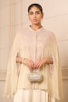 Buy_Tarun Tahiliani_Beige Cape  Zari Tissue Embroidered Chikankari Cape Band And Flared Trouser Set _Online_at_Aza_Fashions