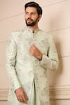 Shop_Tarun Tahiliani_Blue Kurta Dupion Sherwani Dupion Churidar Stretch Pattern With Set _at_Aza_Fashions